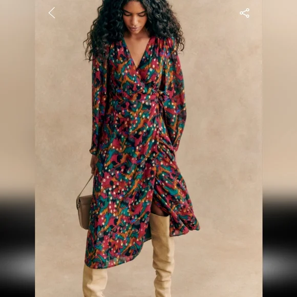 Sezane Linoy Multicolor Long Sleeve Wrap Dress - Picture 1 of 6